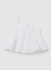 Girls' White Cotton And Linen Top With Regular Fit, Ruffles And Bow At The Back