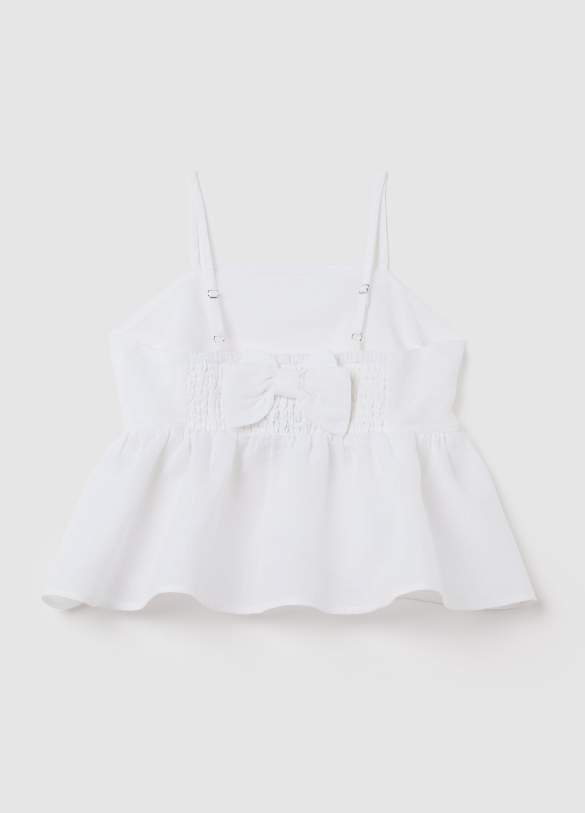 Girls' White Cotton And Linen Top With Regular Fit, Ruffles And Bow At The Back