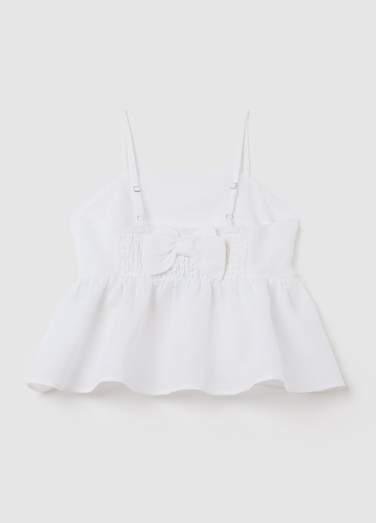 Girls' White Cotton And Linen Top With Regular Fit, Ruffles And Bow At The Back