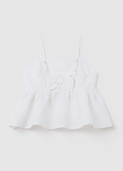 Girls' White Cotton And Linen Top With Regular Fit, Ruffles And Bow At The Back
