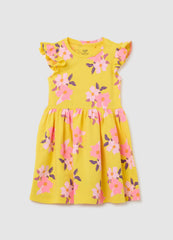 Yellow Pure Cotton Girl'S Dress, Regular Fit