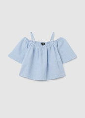 Girls' Multicolour Regular Fit Cotton Blend Blouse With Off-The-Shoulder Design