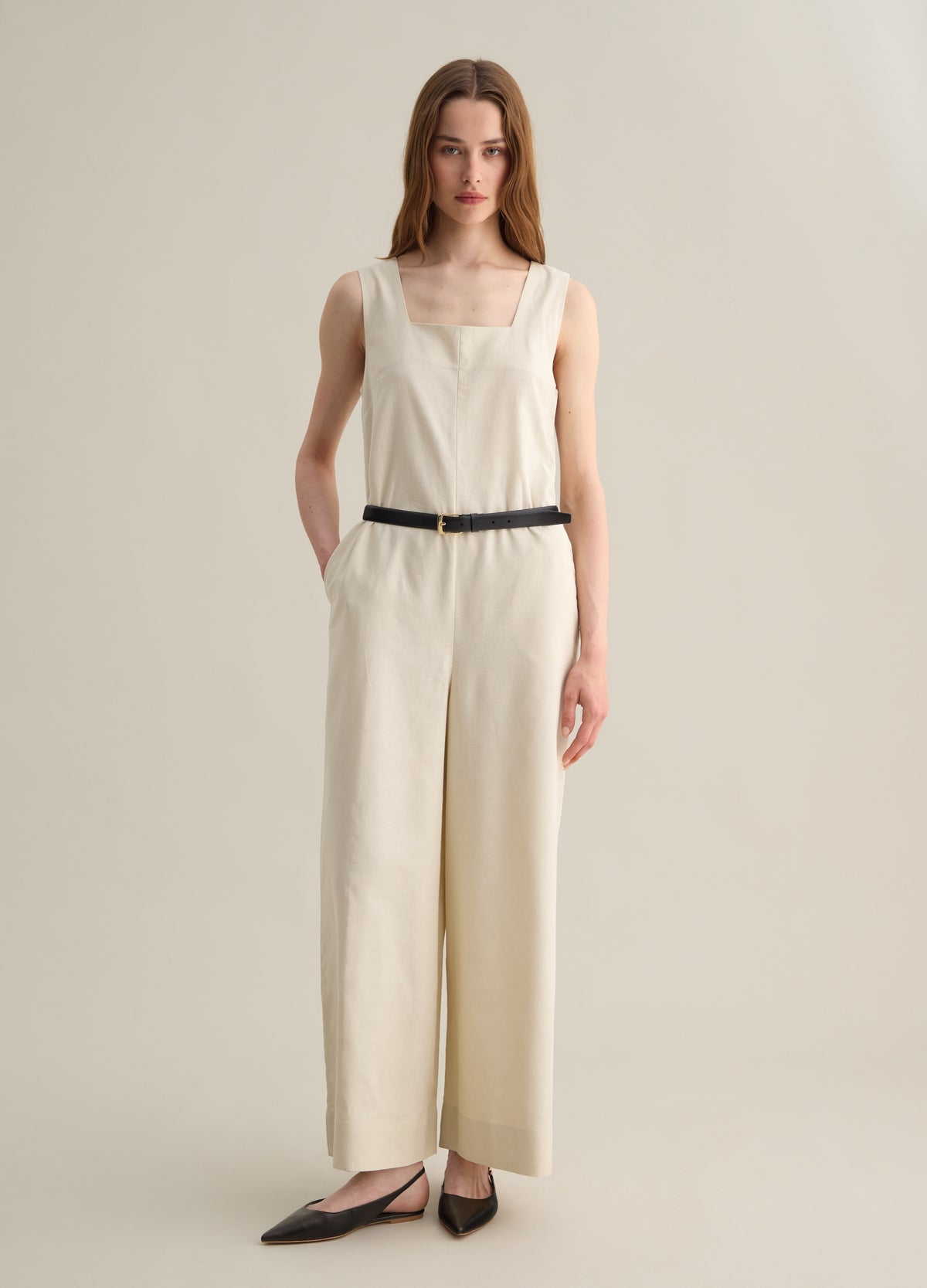 Sleeveless Beige Jumpsuit In Cotton And Linen