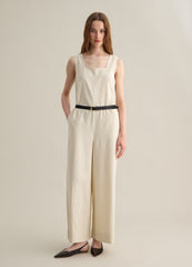 Sleeveless Beige Jumpsuit In Cotton And Linen