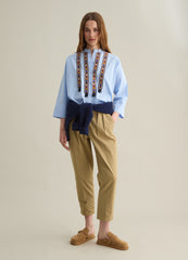 Short Sleeve Blue Shirt With Ethnic Detail