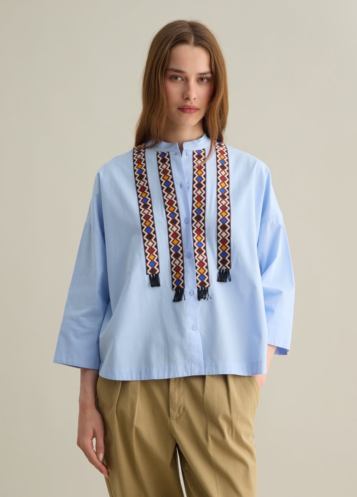 Short Sleeve Blue Shirt With Ethnic Detail