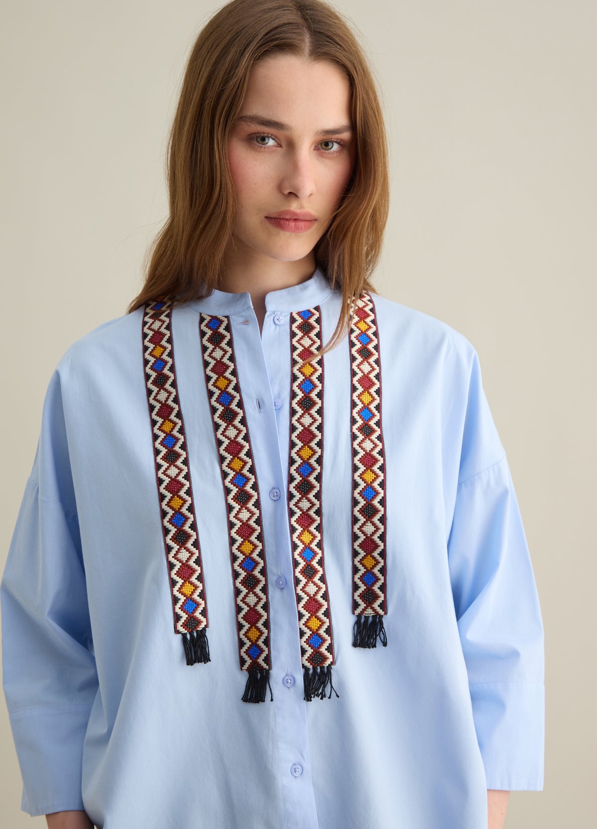 Short Sleeve Blue Shirt With Ethnic Detail