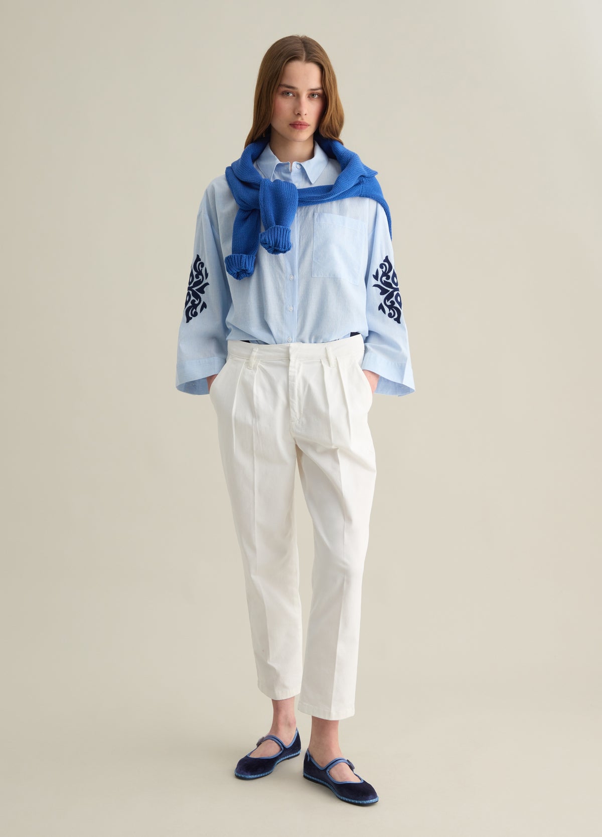 Light Blue Shirt With Embroidered Cotton Details