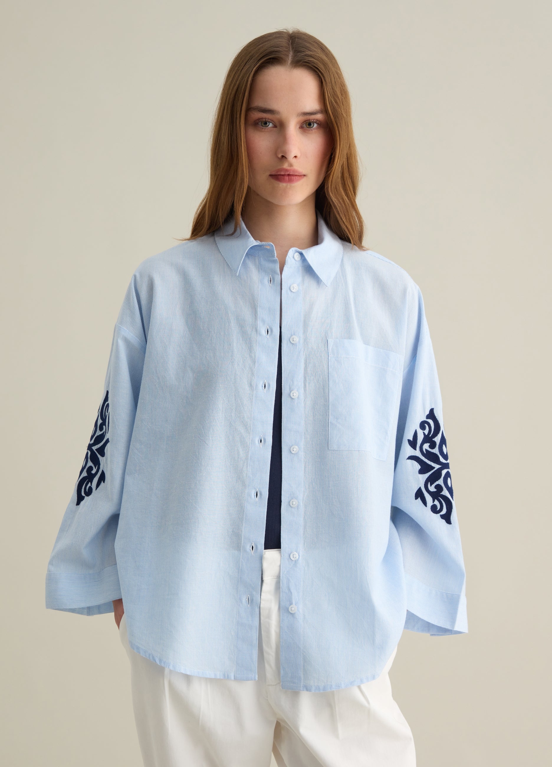 Light Blue Shirt With Embroidered Cotton Details