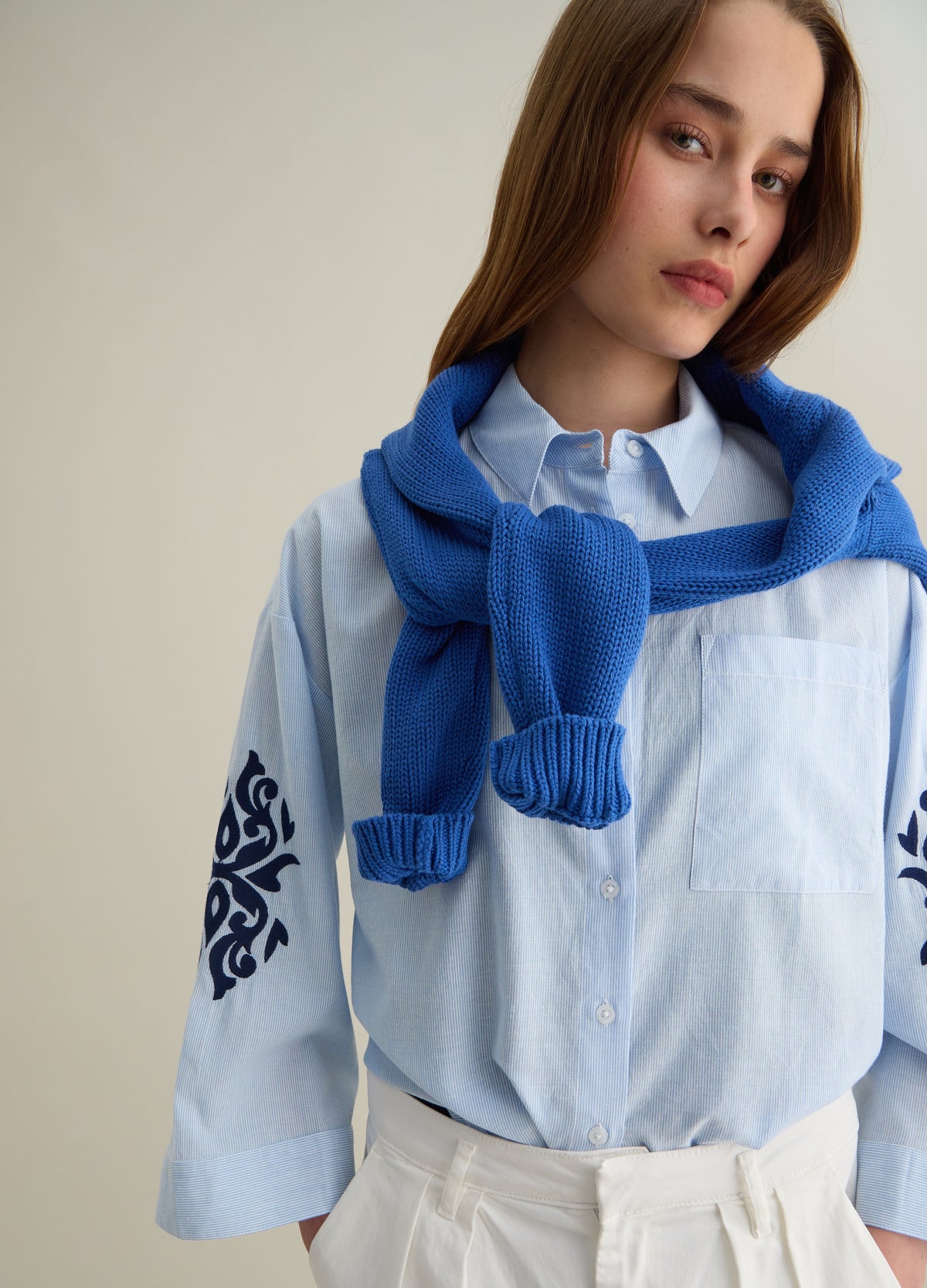 Light Blue Shirt With Embroidered Cotton Details