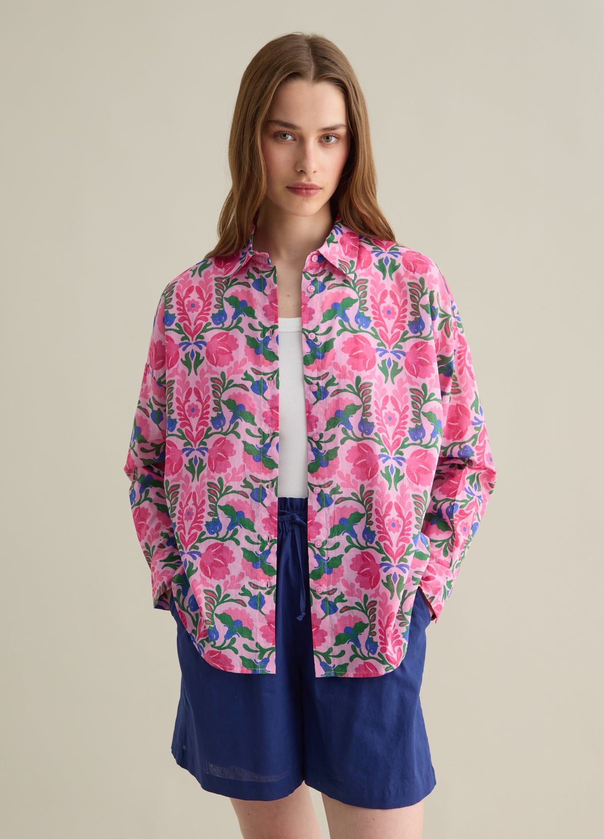 Cotton Shirt With Pink And Green Floral Print