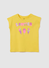 Yellow Cotton Regular Fit Girls' T-Shirt With Ice Creams