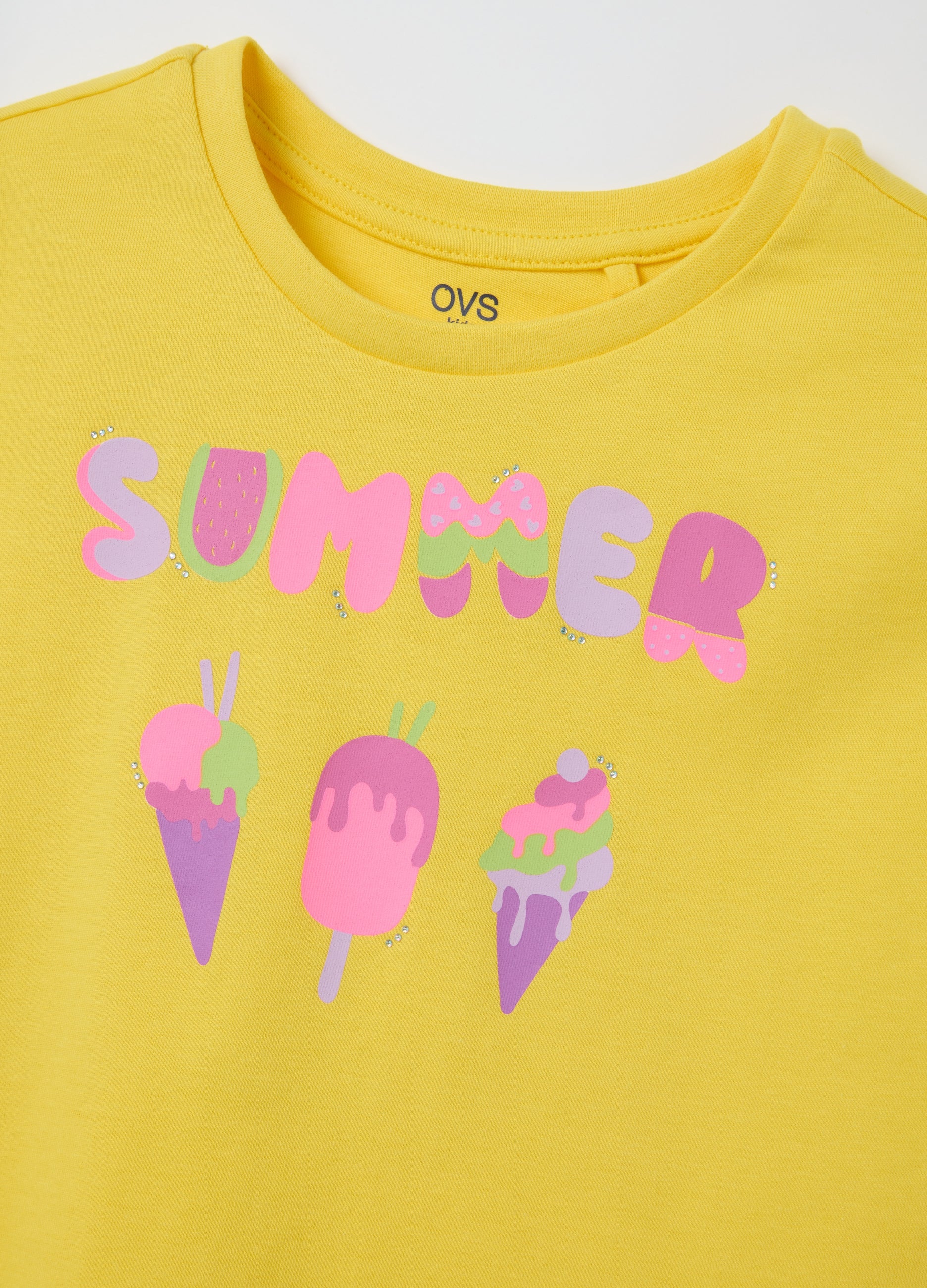 Yellow Cotton Regular Fit Girls' T-Shirt With Ice Creams