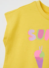 Yellow Cotton Regular Fit Girls' T-Shirt With Ice Creams