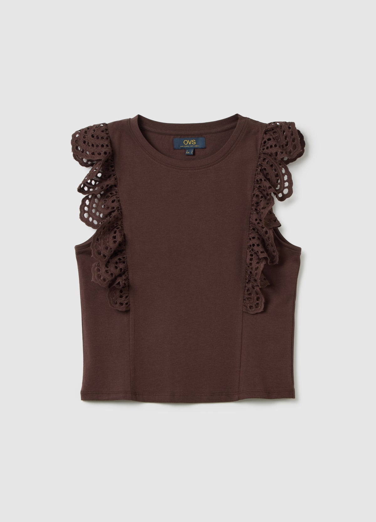 Women'S Brown Pure Cotton Regular Fit Top With Lace
