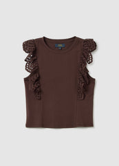 Women'S Brown Pure Cotton Regular Fit Top With Lace