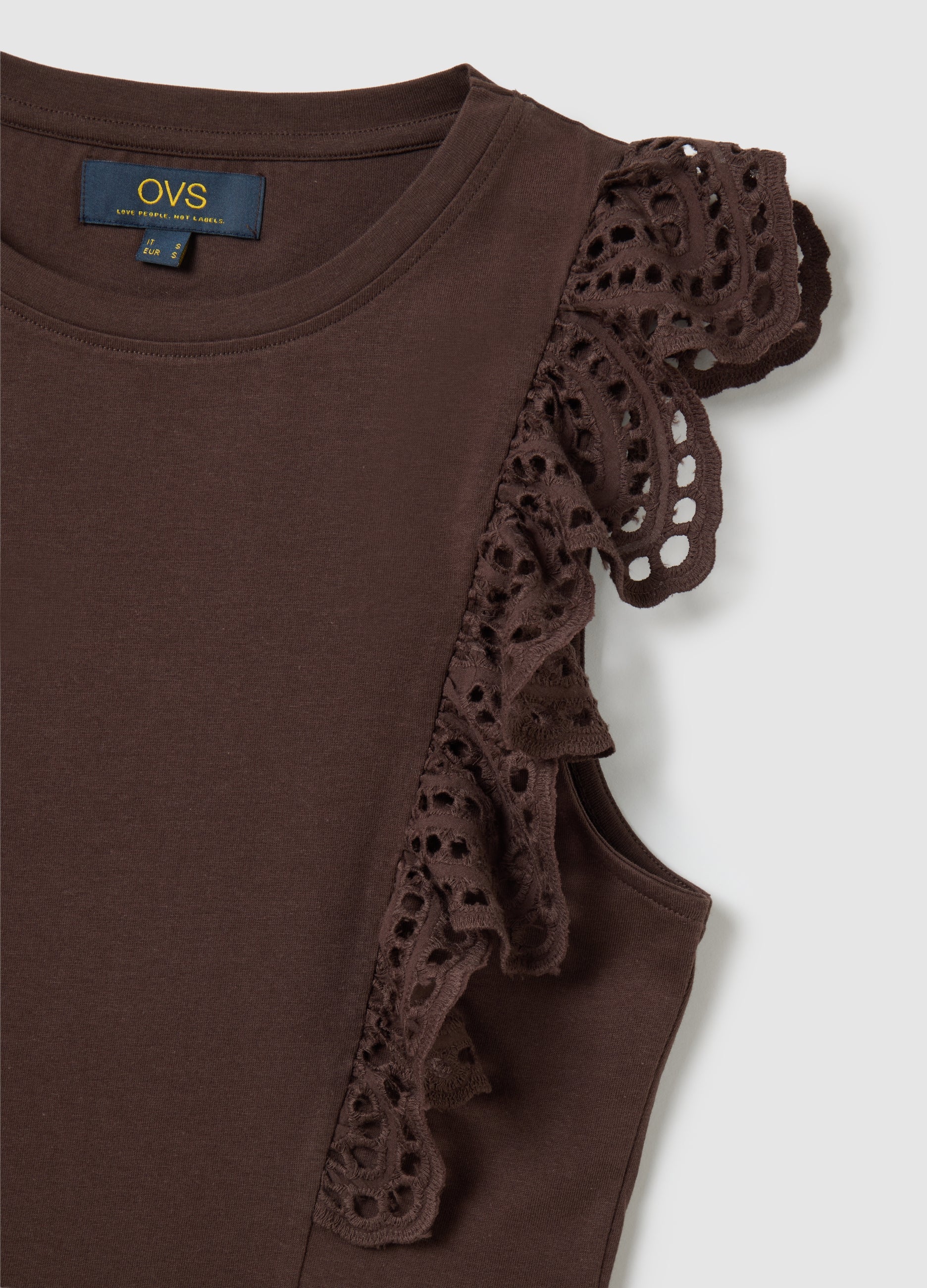 Women'S Brown Pure Cotton Regular Fit Top With Lace