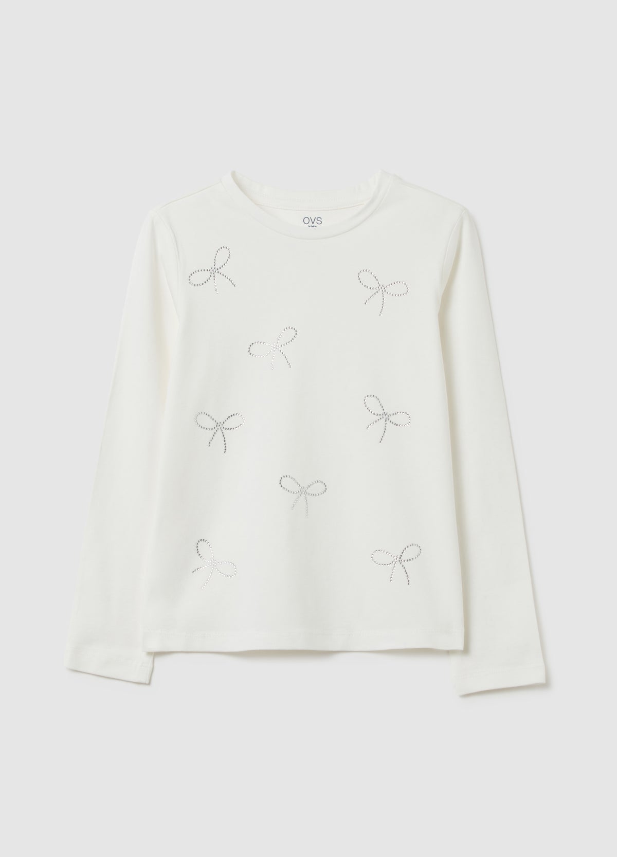 OVS Girls' White Cotton Regular Fit Top With Strass Bows