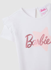 OVS White Cotton Regular Fit Girls' T-Shirt With Barbie Logo