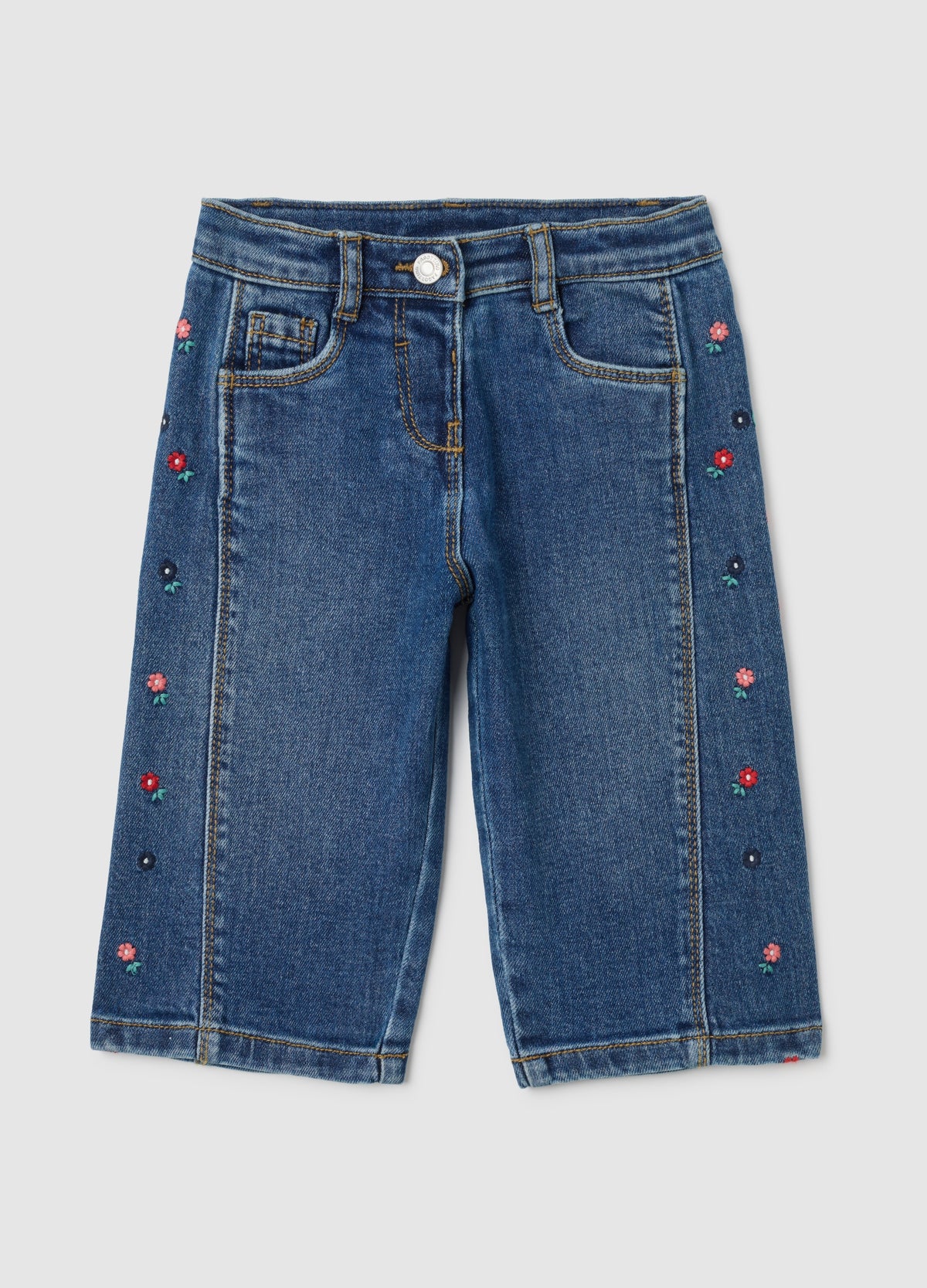 OVS Girl's Wide Leg Blue Denim Jeans With Embroidery