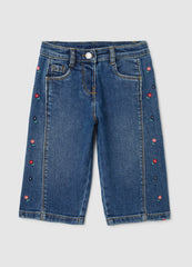 OVS Girl's Wide Leg Blue Denim Jeans With Embroidery