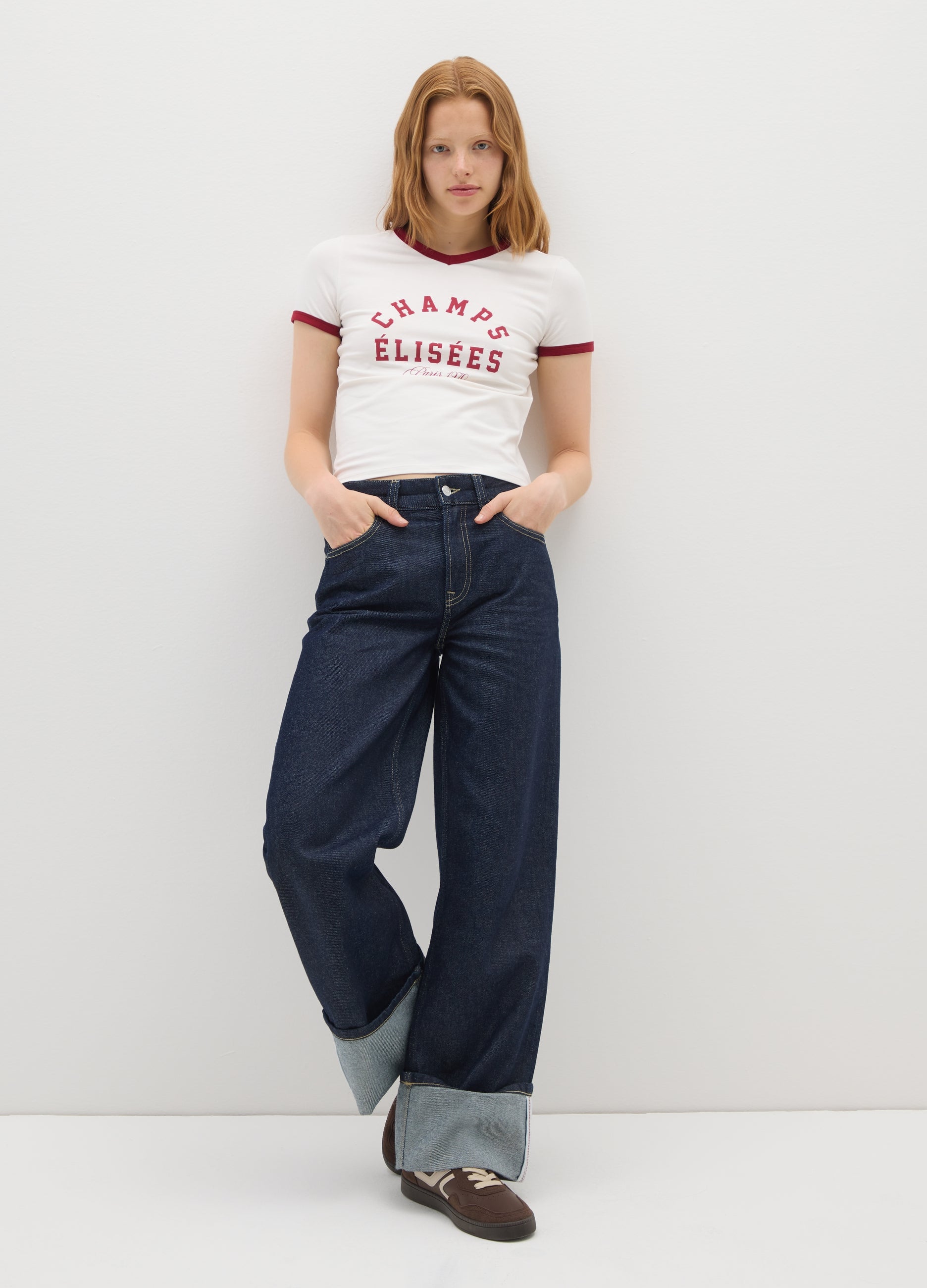 OVS White Stretch Cotton Regular Fit T-Shirt With Red Accents