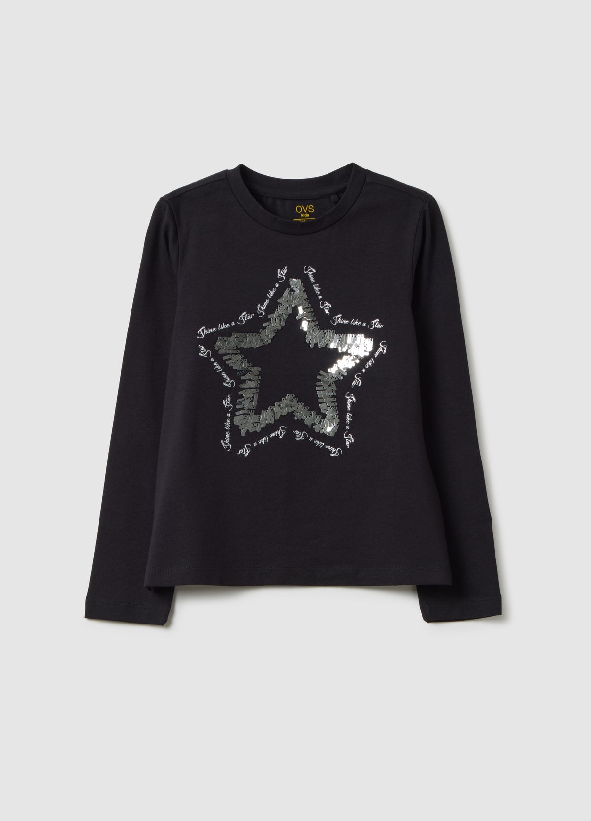 OVS Black Regular Fit Stretchy Cotton Girl'S Top With Star