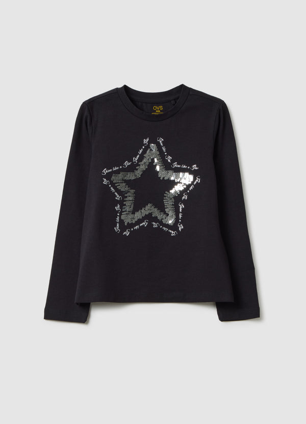 OVS Black Regular Fit Stretchy Cotton Girl'S Top With Star