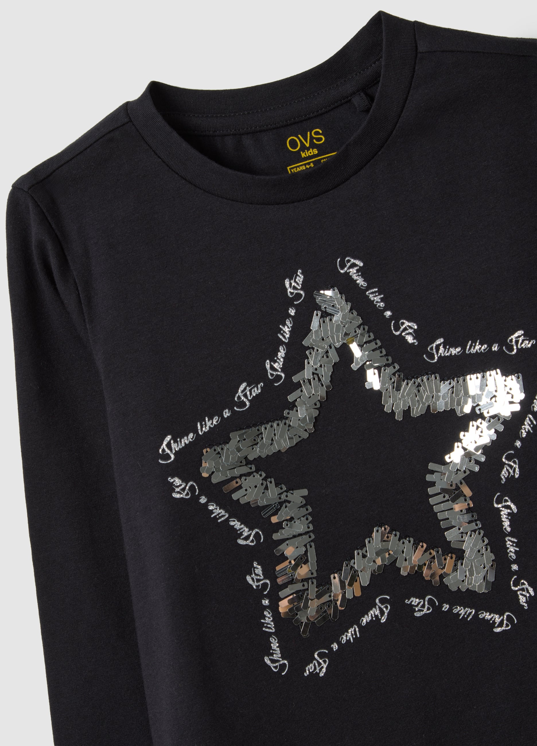 OVS Black Regular Fit Stretchy Cotton Girl'S Top With Star