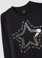 OVS Black Regular Fit Stretchy Cotton Girl'S Top With Star