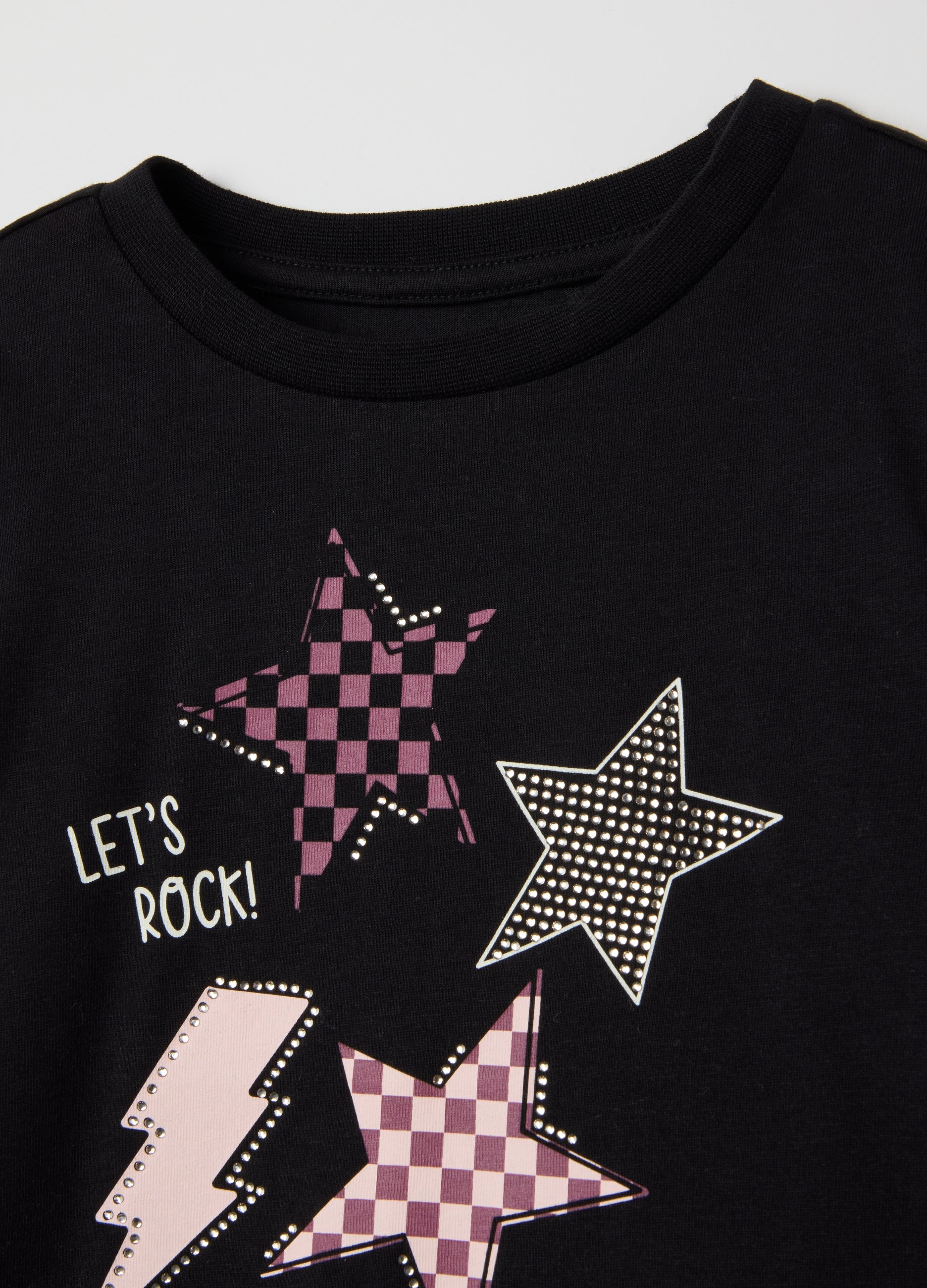 OVS Girl'S Pure Black Cotton Regular Fit T-Shirt With Stars