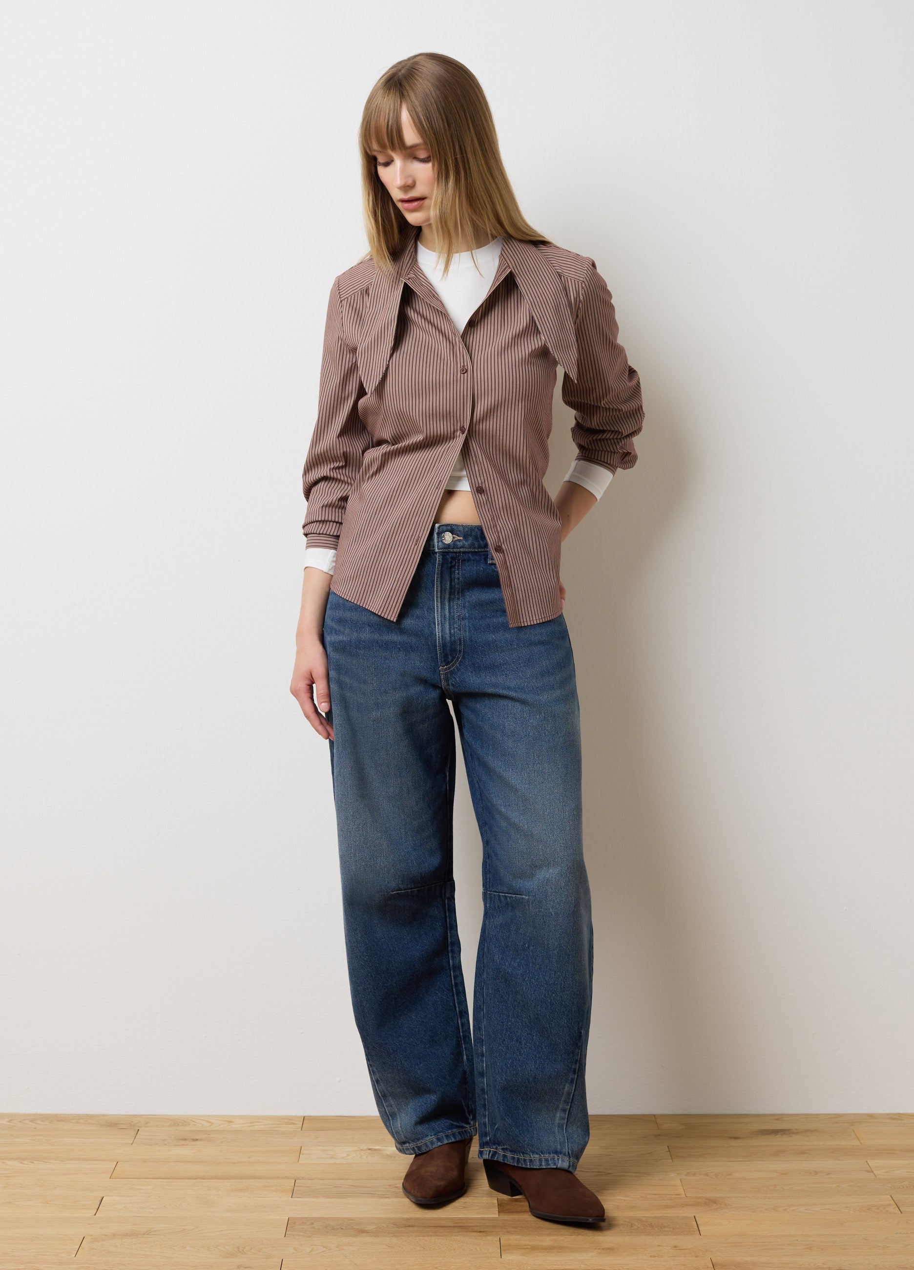 OVS Brown Striped Cotton-Blend Shirt With Oversized Fit