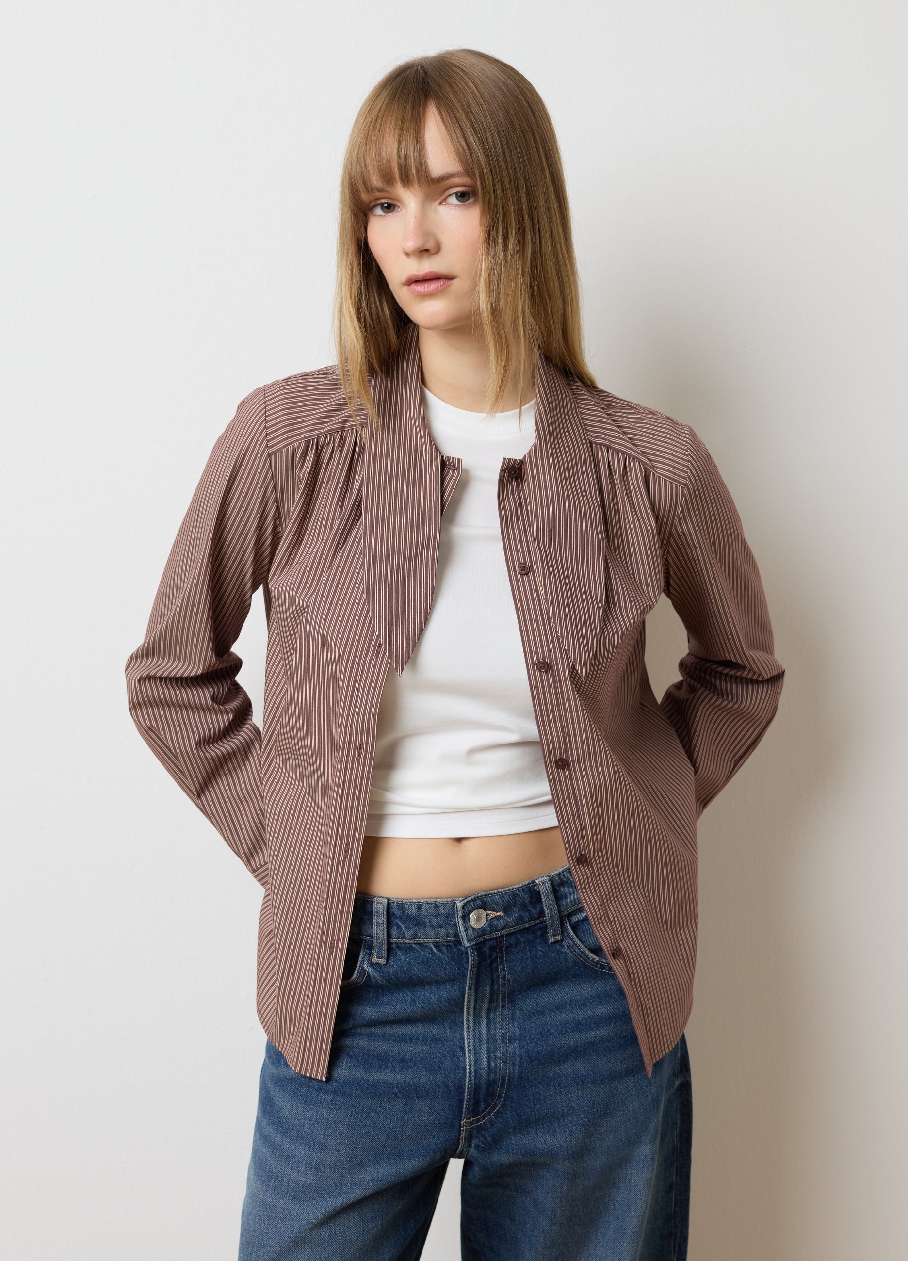 OVS Brown Striped Cotton-Blend Shirt With Oversized Fit