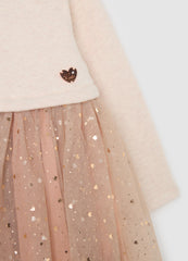OVS Girls' Beige Wide Fit Cotton Blend Dress With Tulle