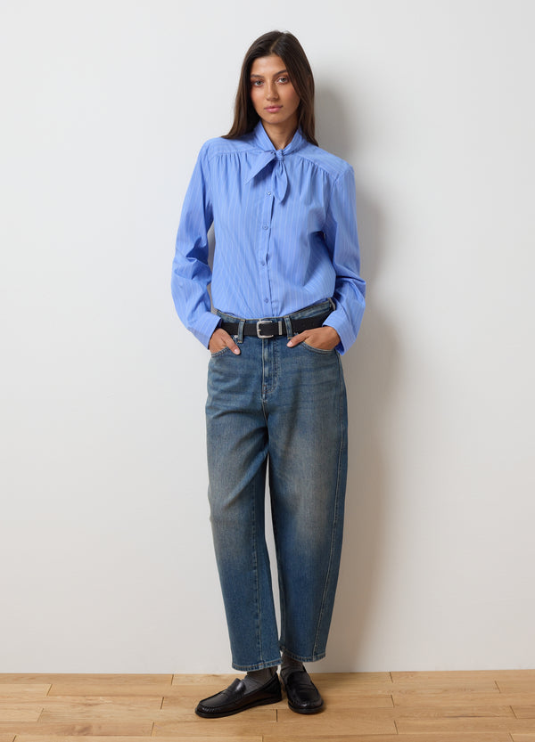 OVS Sky Blue Cotton Blend Striped Oversized Shirt