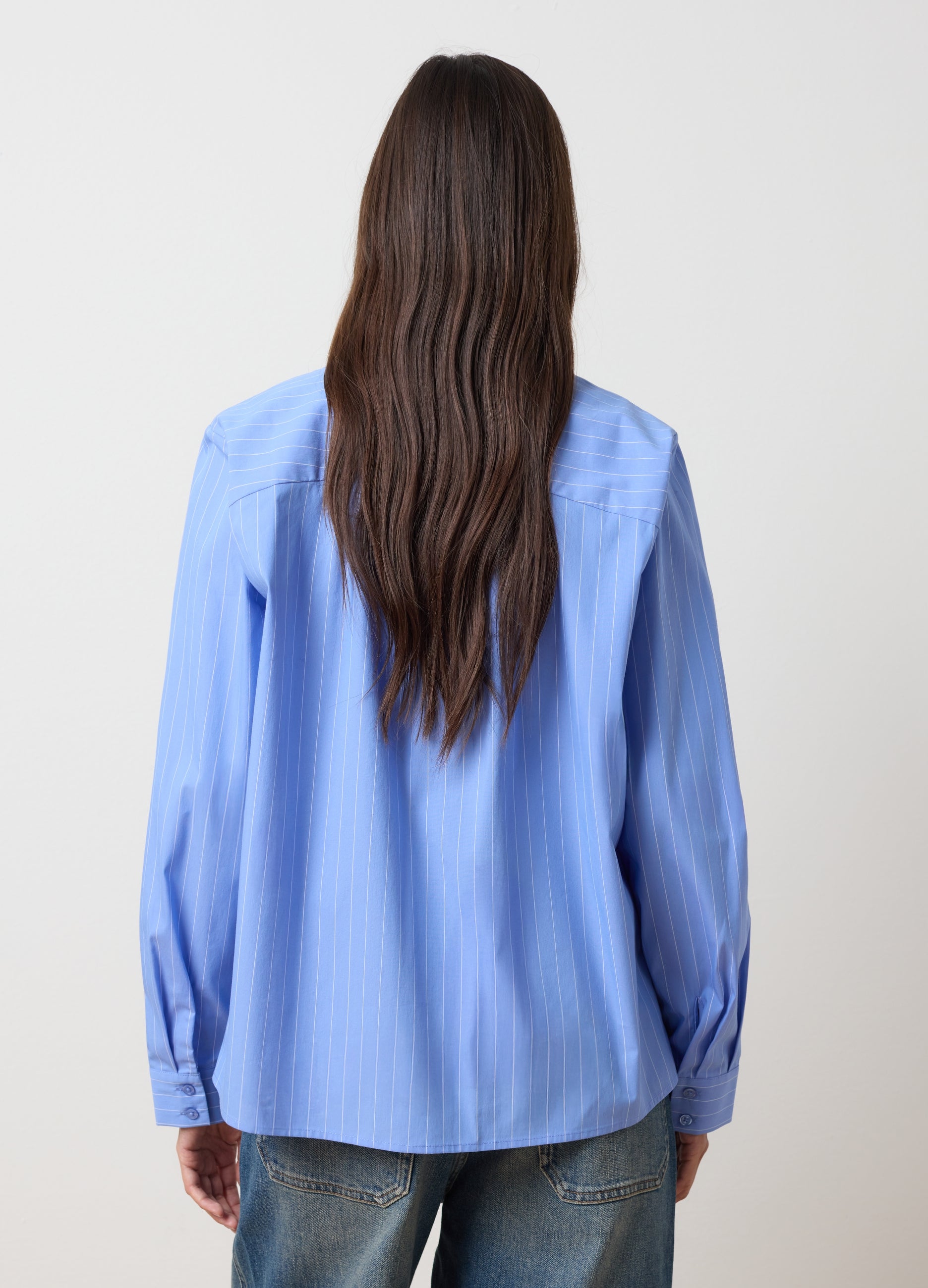OVS Sky Blue Cotton Blend Striped Oversized Shirt