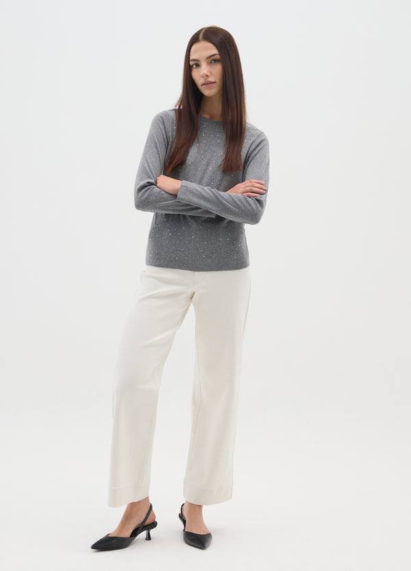 OVS Grey Long-Sleeve Regular Fit Pure Cotton Top With Rhinestones