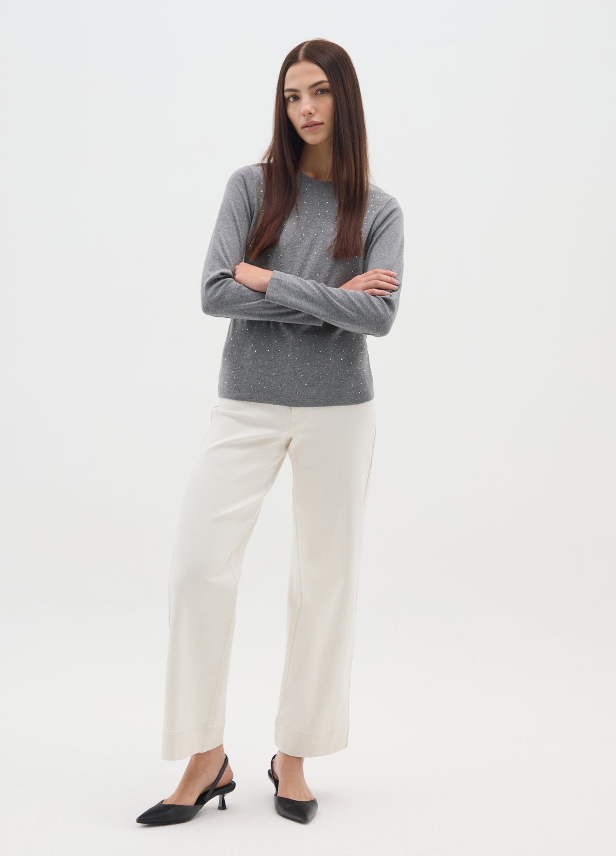 OVS Grey Long-Sleeve Regular Fit Pure Cotton Top With Rhinestones