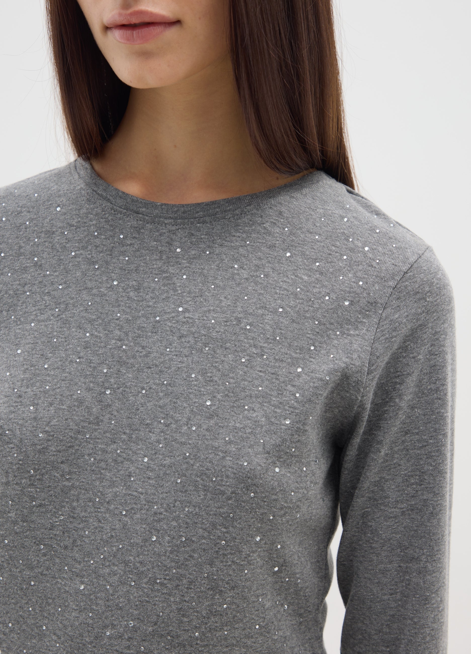 OVS Grey Long-Sleeve Regular Fit Pure Cotton Top With Rhinestones
