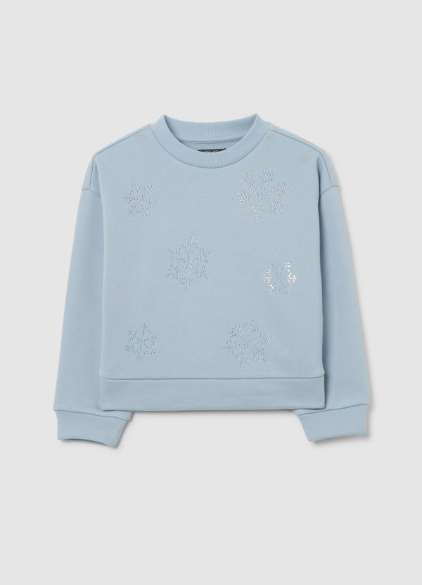 OVS Blue Regular Fit Cotton Blend Girl'S Sweatshirt With Rhinestones