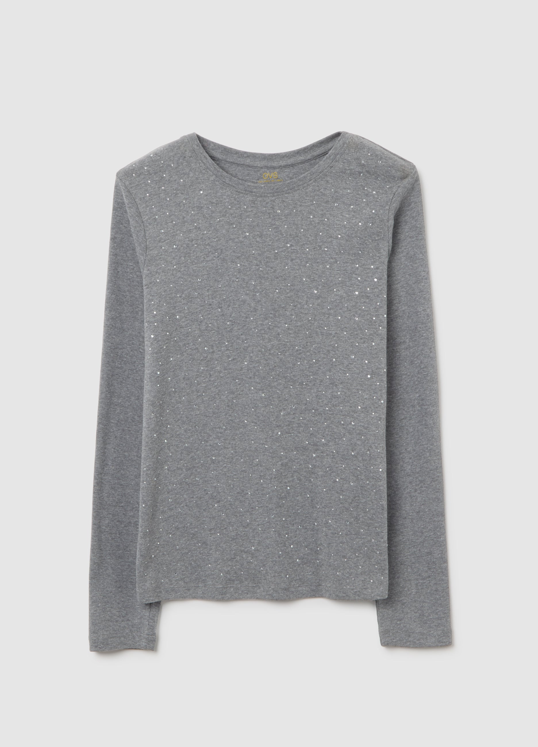 OVS Grey Long-Sleeve Regular Fit Pure Cotton Top With Rhinestones