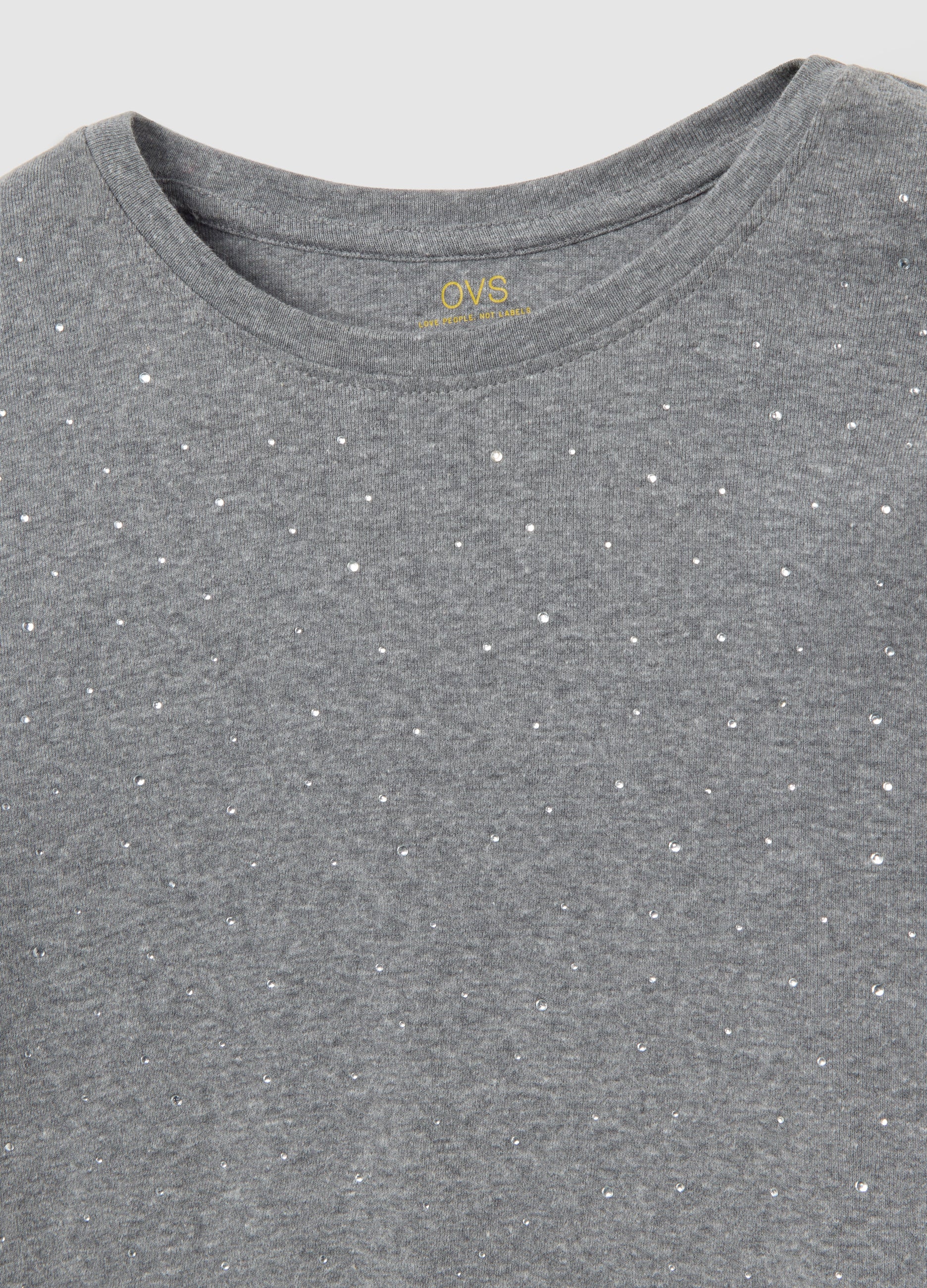 OVS Grey Long-Sleeve Regular Fit Pure Cotton Top With Rhinestones