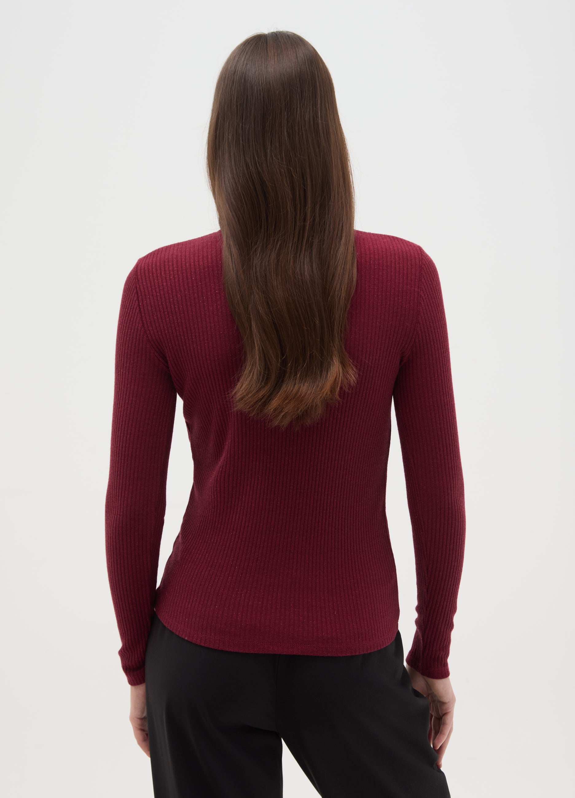 OVS Crew Neck Top With Long Striped Red Sleeves Regular Fit