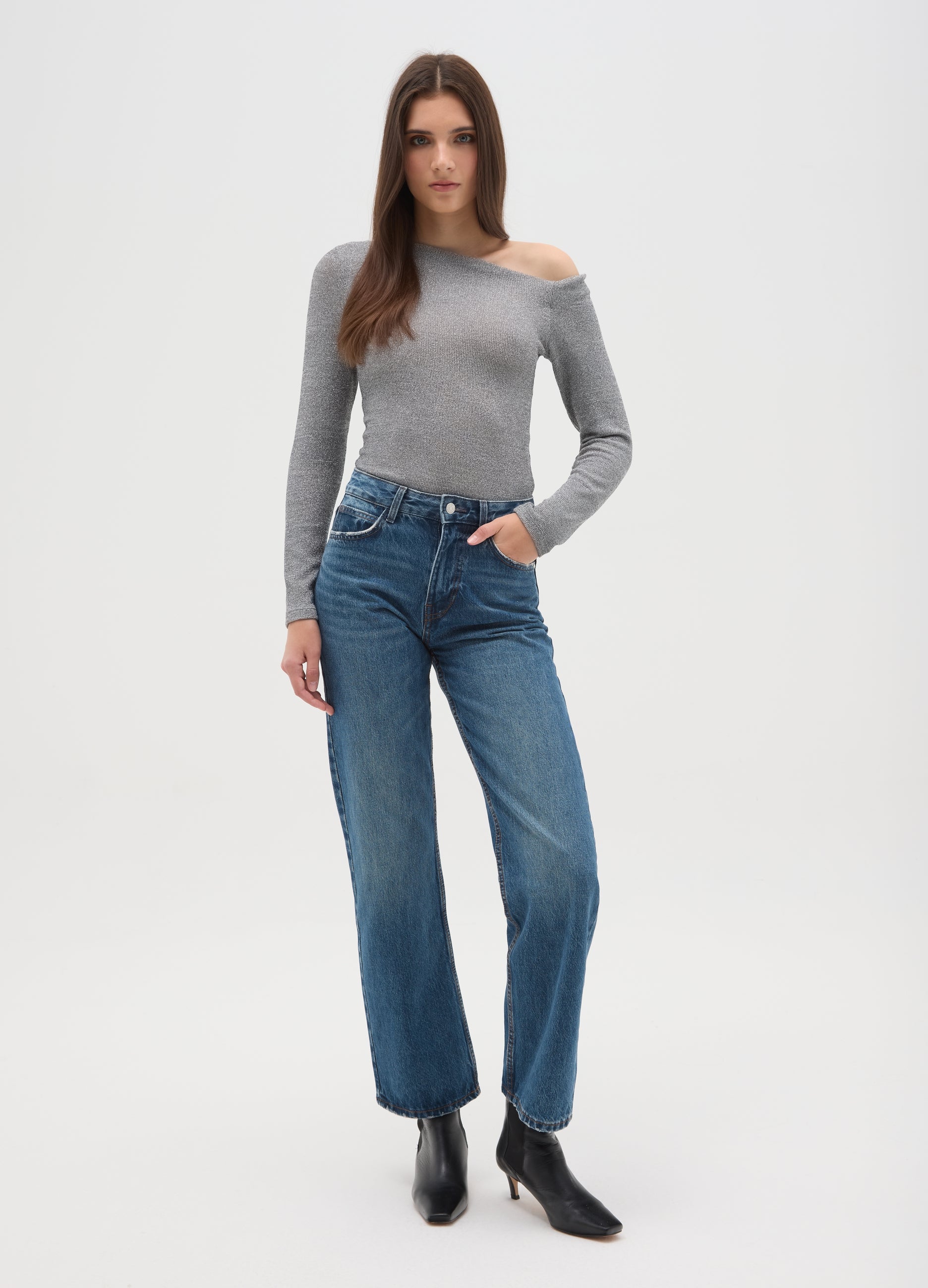 OVS Grey Regular Fit Top With Open Shoulder