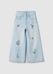 OVS Girl'S Light Blue Pure Cotton Flare Jeans With Floral Embroidery