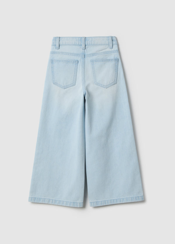 OVS Girl'S Light Blue Pure Cotton Flare Jeans With Floral Embroidery