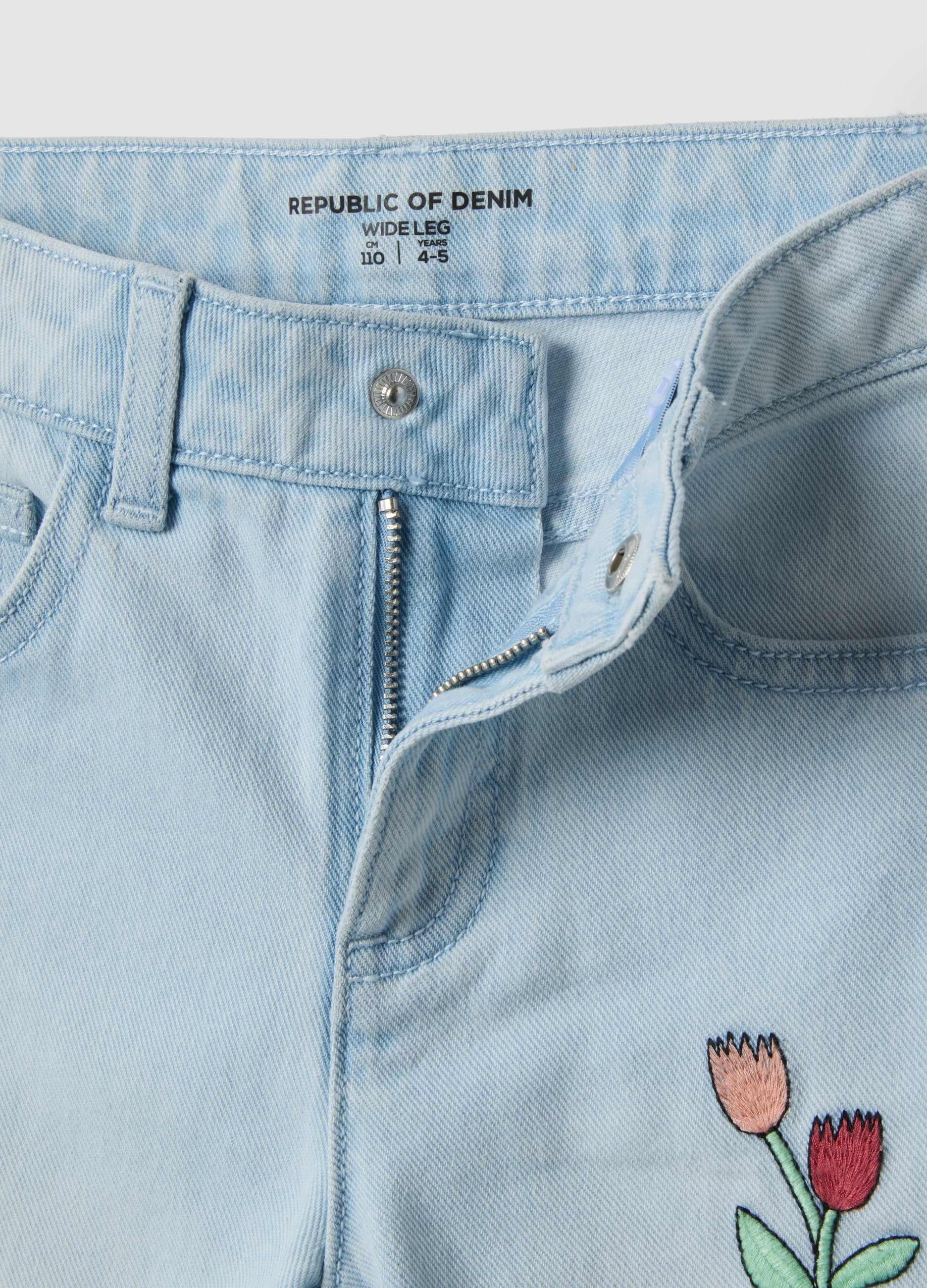 OVS Girl'S Light Blue Pure Cotton Flare Jeans With Floral Embroidery