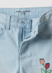 OVS Girl'S Light Blue Pure Cotton Flare Jeans With Floral Embroidery