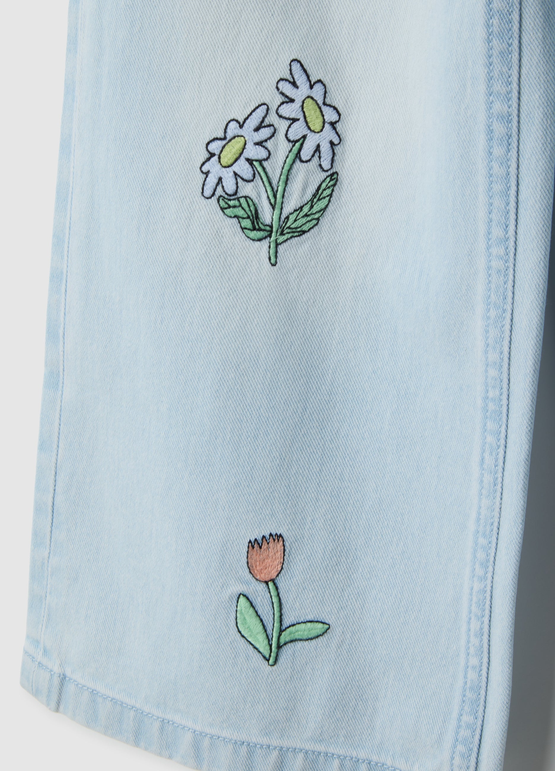 OVS Girl'S Light Blue Pure Cotton Flare Jeans With Floral Embroidery