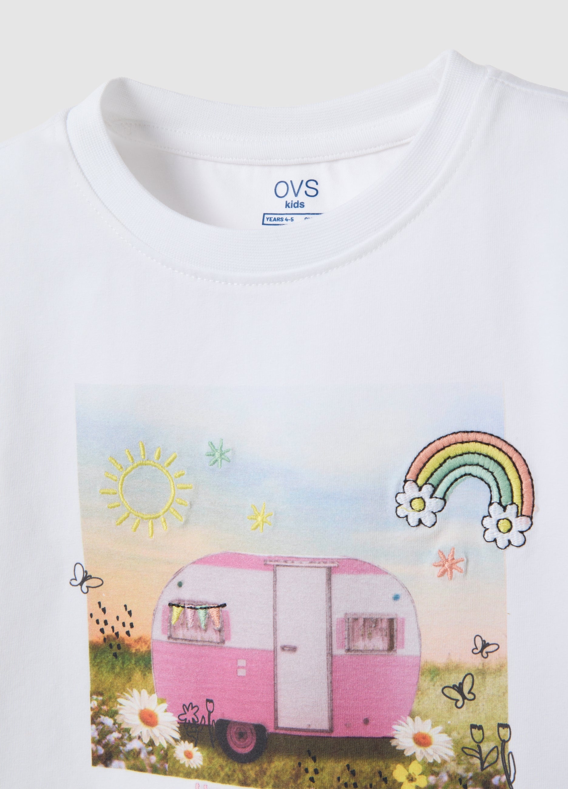 OVS White Stretch Cotton Girl'S T-Shirt, Regular Fit With Print